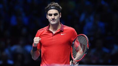 Roger Federer reacts during his win over Stan Wawrinka in the ATP Tour Finals semi-final match on Saturday in London. Andy Rain / EPA / November 15, 2014