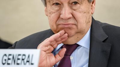 UN Secretary-General Antonio Guterres looks on at the opening of the UN Human Rights Council's main annual session in Geneva. AFP