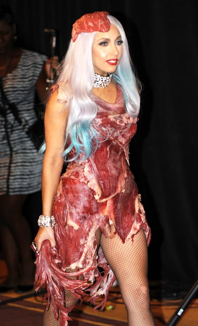 Lady Gaga wearing her meat dress at the VMAs in 2010. AFP