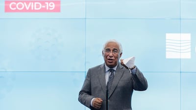 Portuguese Prime Minister António Costa addresses journalists at the end of a visit to a hospital where health care workers were being vaccinated against Covid-19, in Lisbon, Portugal. AP
