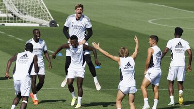 Real Madrid's French defender Ferlan Mendy (2L), Brazilian striker Vinicius Jr (C) and Belgian goalkeeper Thibaut Courtois (C-up) during the training of the team held at Valdebebas Sports City in Madrid, Spain on 27 August 2022 to prepare for their next LaLiga match against RCD Espanyol on 28 August. EPA / Sergio Perez
