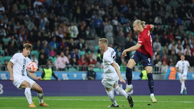 Erling Haaland opens the scoring for Norway against Slovenia. Reuters