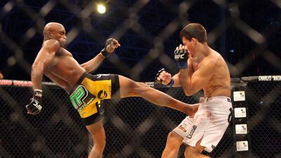 Anderson Silva kicks Demian Maia during their UFC Middleweight Championship bout at Yas Island. Stephen Lock / The National