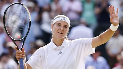 Karolina Muchova celebrates after beating Coco Gauff in the Wimbledon semi-finals. EPA