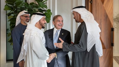 President Sheikh Mohamed bin Zayed receives Pakistan's Prime Minister Shehbaz Sharif at Al Shati Palace. Sheikh Khaled bin Mohamed, Crown Prince of Abu Dhabi and Chairman of Abu Dhabi Executive Council, and Sheikh Hamdan bin Zayed, Ruler’s Representative of Al Dhafra Region, were present. All photos: Presidential Court