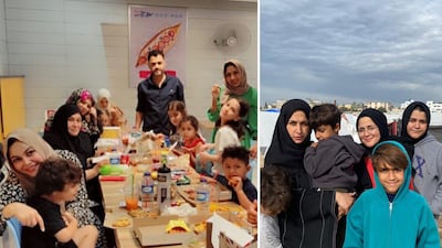 Left: Narmin El Gabbour with her siblings and their children in Gaza before the war. Right: Narmin's sister Noura in a refugee camp in Gaza. Photo: Narmin El Gabbour