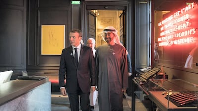 The French President and the Crown Prince then visited the Louvre where a photographic exhibition celebrating 100 years since the birth of Sheikh Zayed, the Founding Father of the UAE, was on display. Mohamed Al Hammadi / Ministry of Presidential Affairs