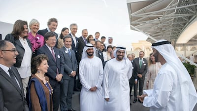Sheikh Mohamed bin Zayed speaks with members of Comite Colbert, during a Sea Palace barza. Seen with Mohamed Khalifa Al Mubarak, chairman of the Department of Culture and Tourism and Abu Dhabi Executive Council member (2nd R) and Saif Ghobash, director general of Abu Dhabi Tourism and Culture Authority (3rd R). Hamad Al Kaabi / Ministry of Presidential Affairs