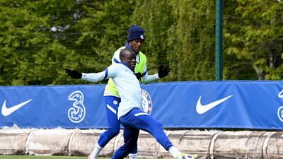 Callum Hudson-Odoi and N'Golo Kante of Chelsea during the training session. Getty