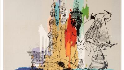 A 'Colorful Middle East' poster depicting a collage of minarets, the Great Sphinx of Giza and a dome, with 'welcome' written in English and gilded Arabic, illustrated for Scandinavian Airlines in 1965. Getty Images