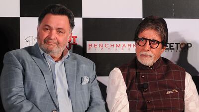 Rishi Kapoor and Amitabh Bachchan attend a launch event for their Hindi comedy-drama '102 Not Out' in Mumbai on April 19, 2018. AFP