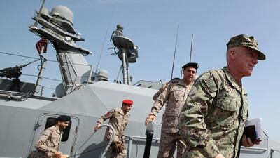 Vice Admiral US Naval Forces Central Command, James Malloy and Vice Admiral, Saudi Royal Navy, Fahad Abdullah Al Ghufaili, are seen during an inauguration ceremony of mixed maritime exercise at Saudi Royal Navy, Eastern Fleet Headquarters, Jubail, Saudi Arabia. Reuters