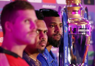 From left: Desert Vipers captain Lockie Ferguson, Abu Dhabi Knight Riders captain Sunil Narine and MI Emirates captain Nicholas Pooran at the ILT20 press conference. Chris Whiteoak / The National