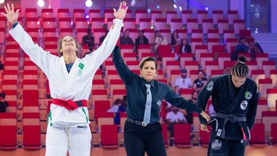 Yara Nascimento celebrates after her win over Rafaela Bertolot in the Queen of Mats at the Jiu-Jitsu Arena on Friday. UAEJJF