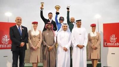 Sheikha Latifa Al Maktoum celebrat4es with her trophy. Emirates Equestrian Centre