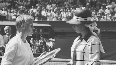 English tennis player Ann Jones receiving her trophy from Princess Anne after winning the Women's Singles Final at Wimbledon in 1969.