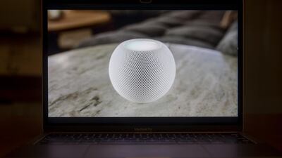 Apple HomePod mini speaker is unveiled during a virtual product launch seen on a laptop computer in Tiskilwa, Illinois, U.S. Bloomberg