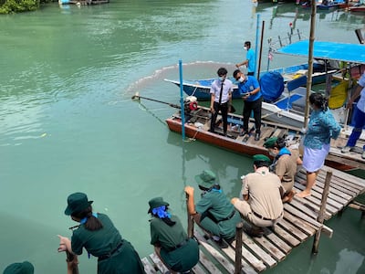 The Phuket Provincial Fisheries Office together with Wichit Municipality released 500,000 baby shrimp in honour of the 90th birthday of Queen Sirikit, The Queen Mother. Photo: Phuket Provincial Fisheries Office