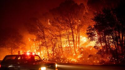 A fire vehicle passes burning trees on Pleasants Valley Rd. near Winters, California. AP