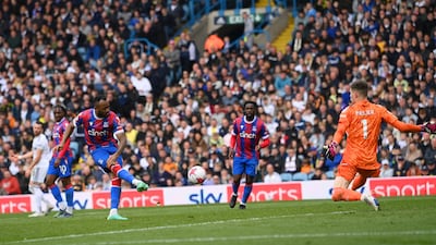 Jordan Ayew of Crystal Palace scores his side's fifth goal past Illan Meslier of Leeds United in the Premier League game at Elland Road on April 9, 2023. Getty