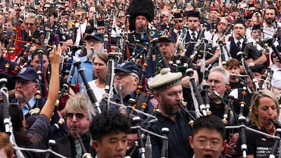 More than 350 bagpipers perform at Federation Square in Melbourne, Australia, breaking the world record for largest bagpipe ensemble, beating the previous record of 333 set in Sofia, Bulgaria in 2012. Getty Images