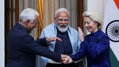 Indian Prime Minister Narendra Modi, centre, with European Council President Antonio Costa and European Commission President Ursula von der Leyen in New Delhi as Mr Modi announced the finalisation of a trade deal between his country and the EU. Reuters