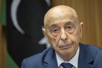 Libyan Speaker Aguila Saleh gives a press conference after a high-level meeting on the country's constitutional track at the UN in Geneva, in June 2022. AFP
