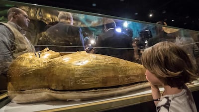 The golden coffin of Nedjemankh, on display at the National Museum of Egyptian Civilization in Cairo, Egypt, following its repatriation from the US. AFP