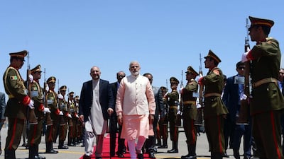 Indian prime minister Narendra Modi and Afghan president Ashraf Ghani arriving for the inauguration of the Salma Hydroelectric Dam in Herat on June 4, 2016. Aref Karimi / Agence France-Presse