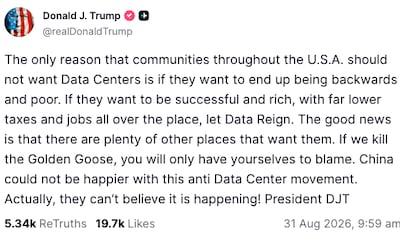 US President Donald Trump posted this message on Truth Social on August 31.