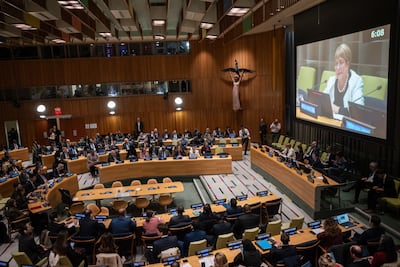 Michelle Bachelet, Chile's former president, makes her claim to become the next UN Secretary General in an address to the Trusteeship Council Chamber at the UNs headquarters in New York, on April 21. Bloomberg