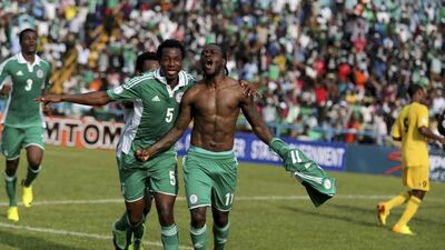 Victor Moses celebrates after a goal against Ethiopia during World Cup qualifying on November 16, 2013. Afolabi Sotunde / Reuters