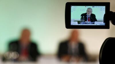 World Anti-Doping Agency's former president, Dick Pound, who heads the commission into corruption and doping in athletics, is seen in a TV camera viewfinder as he addresses a news conference in Unterschleissheim near Munich, Germany, January 14, 2016. Michael Dalder / Reuters