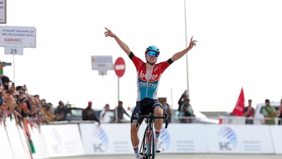 Lotto-DSTNY's Lennert Van Eetvelt reacts after winning the 7th and final stage of the UAE Tour to claim overall victory. AFP