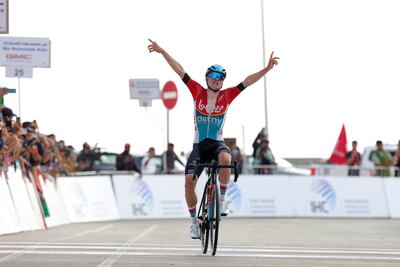 Lotto-DSTNY's Belgian cyclist Lennert Van Eetvelt reacts after winning the 7th and last stage of the 6th UAE Cycling Tour on February 25. AFP