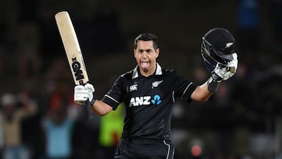 New Zealand's Ross Taylor celebrates his century during the first ODI in Hamilton on Wednesday. AP