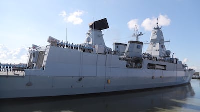 Crew members stand on deck as the Hamburg gets ready to join Operation Irini. EPA