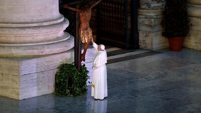 FILE PHOTO: Pope Francis is pictured at St. Peter's Square during an extraordinary "Urbi et Orbi" (to the city and the world) blessing - normally given only at Christmas and Easter - as a response to the global coronavirus disease (COVID-19) pandemic, at the Vatican, March 27, 2020. REUTERS/Yara Nardi/Pool/File Photo