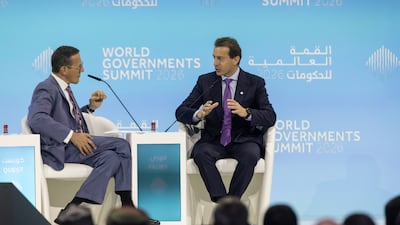 CNN journalist Richard Quest, left, talks to Airbus chief executive Guillaume Faury during a session titled How Do We Keep the World Connected? Antonie Robertson / The National