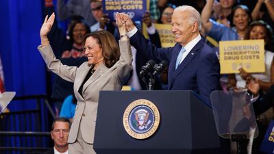 US President Joe Biden and Vice President Kamala Harris during their first shared campaign event in Maryland on August 15. Bloomberg
