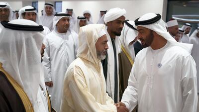 Sheikh Mohammed bin Zayed greets attendees to the first Ramdan Majlis lecture series. ---