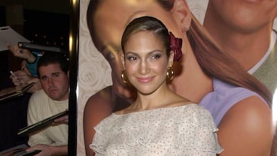 Jennifer Lopez, in polka-dot tiers, arrives at the premiere of 'The Wedding Planner' on January 23, 2001, in California. Getty Images