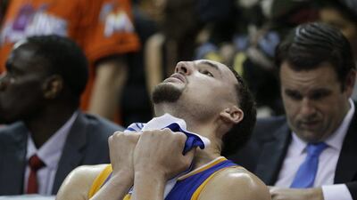 Golden State Warriors guard Klay Thompson reacts during Game 6 of the NBA Finals against the Cleveland Cavaliers on Thursday. Tony Dejak / AP Photo / June 16, 2016