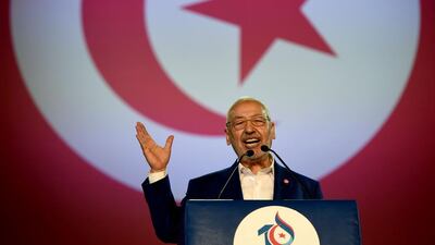 Rached Ghannouchi at an Ennahda meeting in 2021. AFP