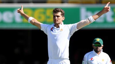 Shaheen Shah Afridi of Pakistan celebrates taking the wicket of Tim Paine. Getty