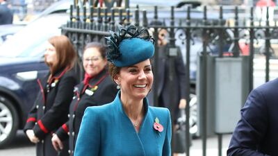 The Duchess of Cambridge wears a teal Catherine Walker coatdress, a Rosie Olivia Millinery hat, Emmy London Rebecca pumps, an Emmy clutch and a Kiki McDonough necklace for the ANZAC Day Service of Commemoration and Thanksgiving at Westminster Abbey on April 25, 2019 in London. Getty Images