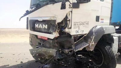 The lorry that crashed into a barrier on Emirates Road after the driver dozed off and hit a barrier. Photo: Twitter
