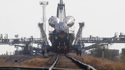 The Soyuz booster rocket FG with Soyuz MS-15 spacecraft is rolled out to the launch pad with a train at the Baikonur Cosmodrome, Kazakhstan on 23 September 2019. Maxim Shipenkov / EPA