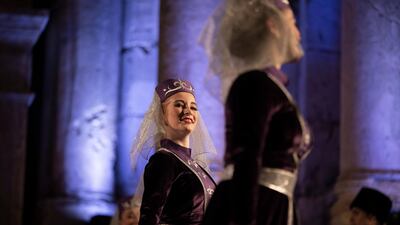 Circassian dancers from Al-Jeel Al-Jadeed Club (the New Generation Club) perform during the 2019 Jerash Festival of Culture and Arts at the Jerash archeological site, Jerash, some 46 km North of Amman, Jordan. EPA
