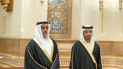 Sheikh Saif bin Zayed, Deputy Prime Minister and Minister of Interior, and Sheikh Hazza bin Zayed, vice chairman of Abu Dhabi Executive Council, offer their condolences on the death of Qaboos bin Saeed, Sultan of Oman, at Al Alam Palace on January 12. Mohamed Al Hammadi / Ministry of Presidential Affairs
